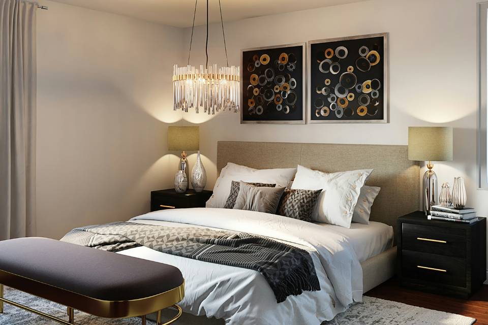 crystal chandelier in bedroom with modern decor.